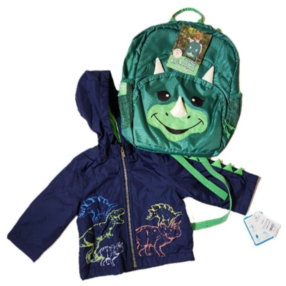 Toddler Dinosaur Rain Jacket & Backpack Set – Size 12M – New